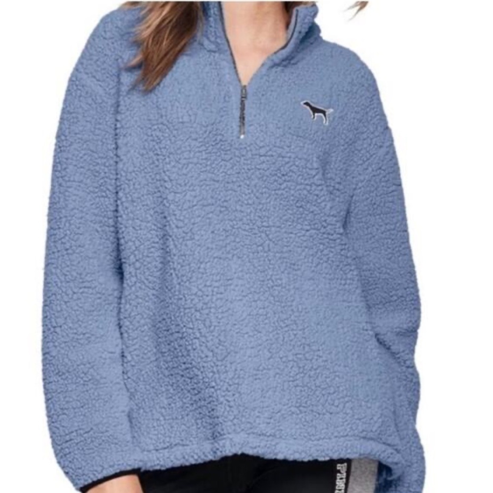 Victoria's Secret PINK Half-Zip Blue Sherpa Fleece Size Small Cozy
